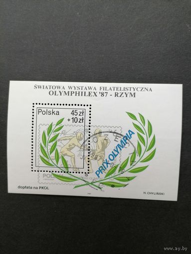 Польша 1987 Блок Mi.104 с маркой "Международная филателистическая выставка "OLYMPHILEX-87" в Риме" (гашение с клеем) Mi.3112 каталог 1.20 евро