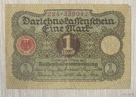 Банкнота 1 марка 1920 год. Веймарская республика. С рубля без МЦ.
