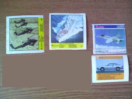Вкладыши военная техника (TopGun вертолеты Кобра Huey COBRA, самолет F-18 Hornet, корабль ракетный эсминец СССР "Слава"), автомобили DRIVING BMW 840, KOBRA Кобра. Baycan Ulker Lazer.