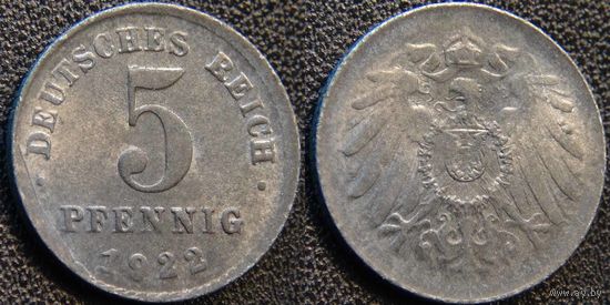 YS: Германия, 5 пфеннигов 1922 (E), слабый чекан у гурта, пруф, KM# 19, редкость