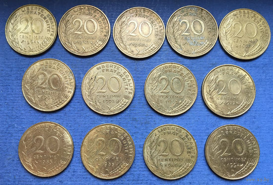 Франция 20 сантимов 1964, 1967, 1968, 1969, 1972, 1978, 1983, 1984, 1985, 1986, 1993, 1994, 1995