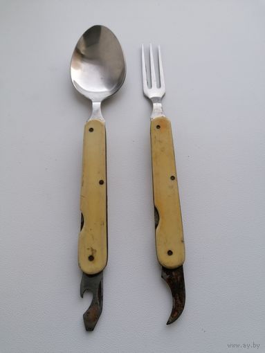 Комплект СССР,  ложка - вилка складные, ручка кость, редкие, состояние