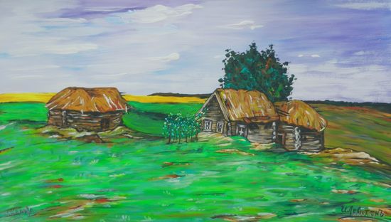 Пейзаж с избами, Левитан, акрил, 2008, Котов Олег