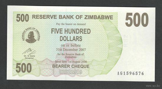 Зимбабве 500 долларов 2007 года. Тип Р-43. Состояние UNC