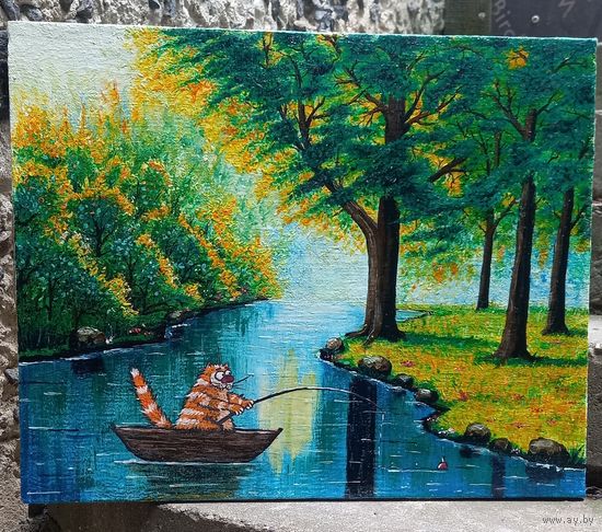 Картина кот рыбак, холст, масло