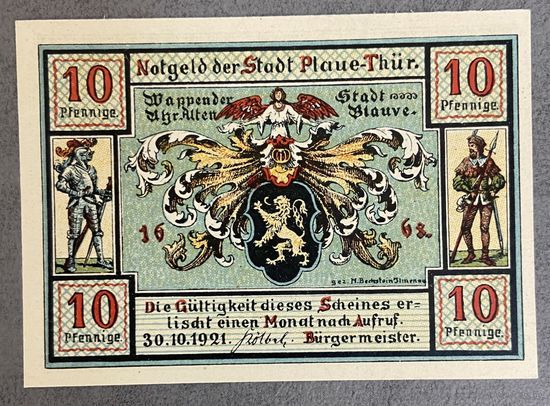 Нотгельд , 10 пфеннигов, Плауэ 1921 год. Веймарская республика