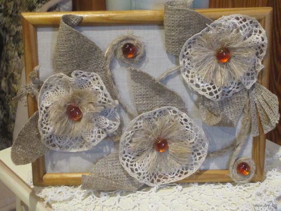 Панно аппликация лен хлопок шерсть бусины ручная работа handmade