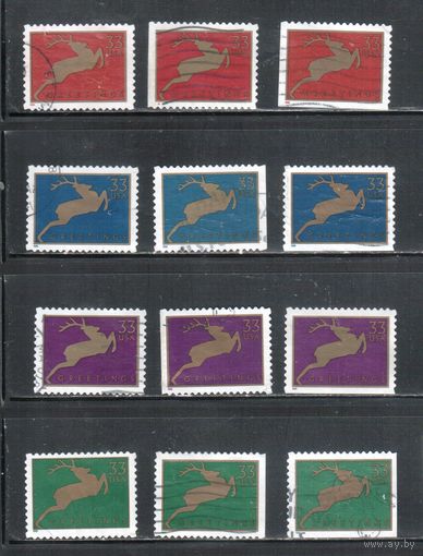 США-1999 (Мих.3216-3219 ВА+BD+ВЕ) , гаш., Рождество, Олень(полная серия), зубцовки