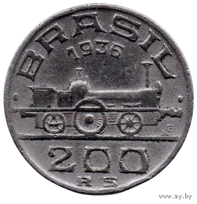 РЕСПУБЛИКА  СОЕДИНЁННЫХ ШТАТОВ БРАЗИЛИИ 200 РЕАЛОВ /РЕЙС/ 1936. ПАРОВОЗ