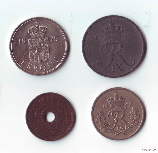 Монеты Дании, 4 шт., разные.