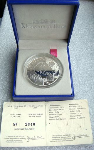 1,5 Евро 2005 года. Франция. Жюль Верн. "Из пушки на Луну". Серебро 900