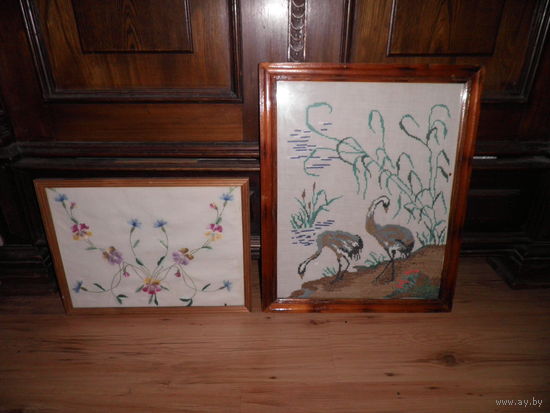Картины-вышивки 2 шт.гладью и крестиком ср.20-го века.С рубля.