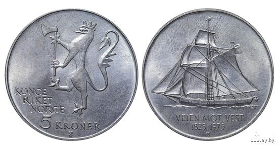 Норвегия 5 крон, 1975 150 лет иммиграции в Америку UNC