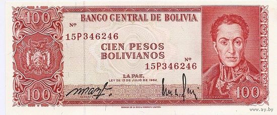 Боливия 100 песо образца 1962 года UNC p164a(1)