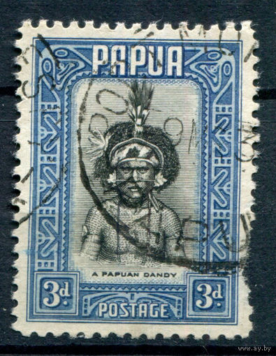 Британские колонии - Папуа - 1932г. - жизнь в Папуа, ландшафты, мотивы, 3 Р - 1 марка - гашёная с повреждением перфорации справа [Mi 83]. #3-WB-70-A-1