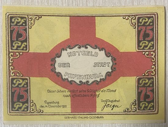 Нотгельд 50 пфеннигов 1921 год. Папенбург. Веймарская республика.