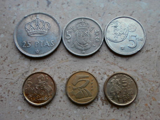 Испания 6 монет: 25, 5, 5, 5, 5, 5 песет.