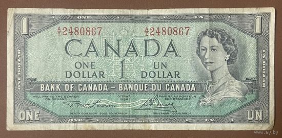 Банкнота 1 доллар. Канада. 1954 год. Канадский пейзаж. Королева Елизавета II