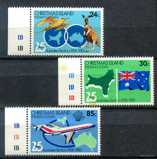Рождественские острова (о-в Рождества) - 1983г. - 25-я годовщина присвоения острову Рождества статуса территории Австралии - 3 марки - полная серия, MNH, одна марка с пятнами на лицевой стороне [Mi 177-179]. #4-B6-Z-1-22