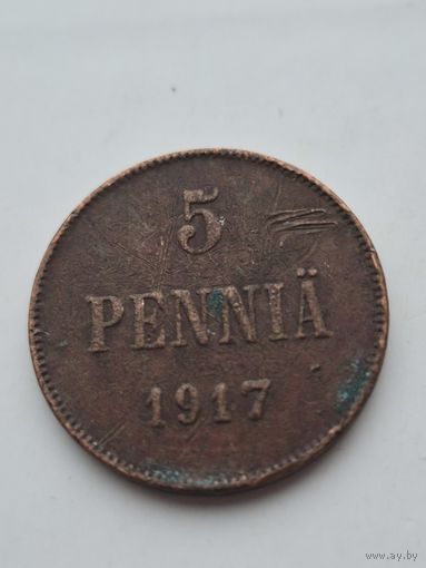 5 пенни 1917 года для Финляндии (Николай II). Монета не чищена. 45387