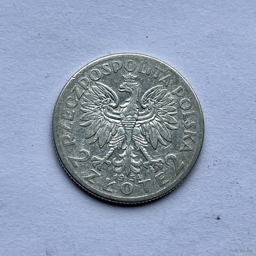Монета СЕРЕБРО Польша 2 злотых 1934 год Ядвига ОТЛИЧНЫЕ