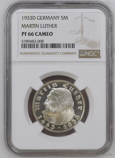 Германия.Веймарская республика. 5 марок 1933 F. слаб NGC PF66