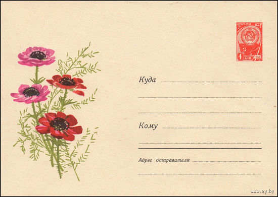 Художественный маркированный конверт СССР  N 3906 (25.08.1965) Рисунок цветов анемоны
