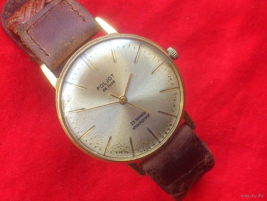 Часы POLJOT de LUXE ПОЛЕТ де ЛЮКС  1 МЧЗ им. КИРОВА 23 камня ПОЗОЛОТА ,  из СССР 1970-х с РЕМНЕМ КОЖА