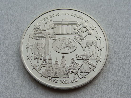 Либерия. 5 долларов 2001 год UC#120 "Новая европейская валюта - евро"