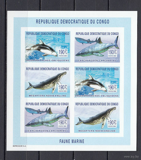 Фауна. Дельфины. Конго. 2003. 1 малый лист б/з.  Michel N 1749-1751 (50,0 е)