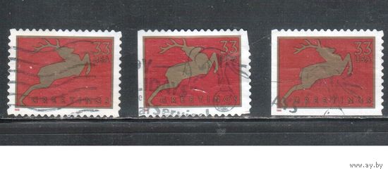 США-1999 (Мих.3216 ВА+BD+BE) , гаш., Рождество, Олень, 3 зубцовки