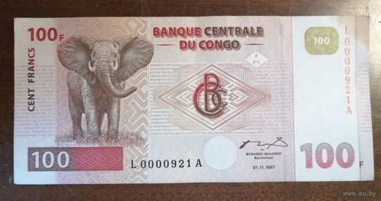 Конго 100 франков 1997 г., "Красный слон", P:90, КРАЙНЕ РЕДКАЯ БОНА