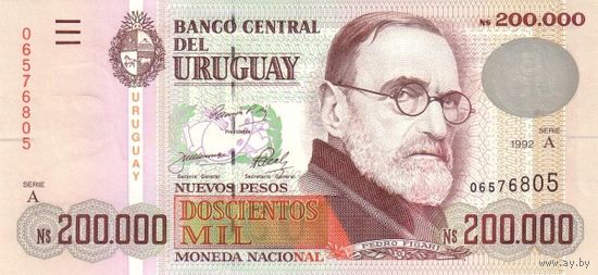 Уругвай 200000 песо образца 1992 года UNC p72 редкая