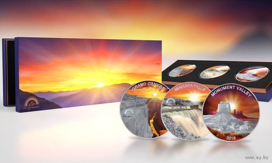 Фиджи 3х1 доллару 2016г. "Набор: Закаты".  Монеты в капсулах; подарочном футляре; сертификат; коробка. СЕРЕБРО 3х15,5гр.