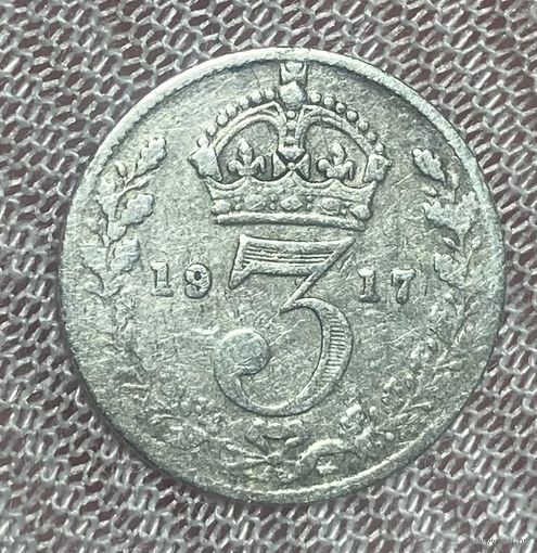 Монета Великобритания 3 пенса 1917 год. Георг V. Серебро