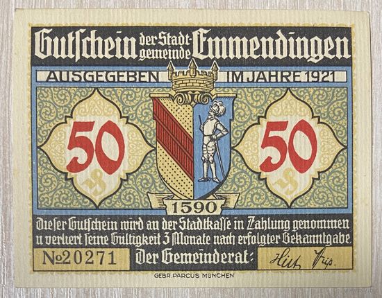 Нотгельд Эммендинген, 50 пфеннигов 1921 год. Веймарская республика.