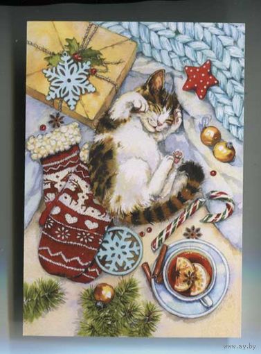 Открытка. С новым годом! Ёлочка. Фауна. Животные. Кот. Котик. Котёнок. Ёлочные игрушки. Худ. Е.Чистотина (чистая)