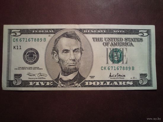 США 5 долларов  2001 г.Серия CK-B.Состояние VF.