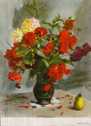 Подписанная открытка 1958г. "Красные георгины" худ. А. Бантиков