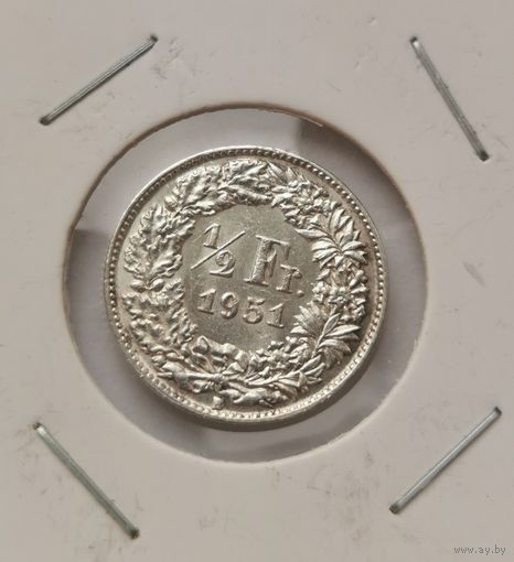 1/2 франка 1951 г. С рубля. Серебро