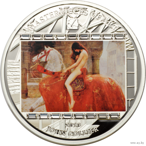 Острова Кука 20 долларов 2013г. Шедевры искусства: "Джон Малер Кольер - Леди Годива". Монета в капсуле; подарочном футляре; сертификат; коробка. СЕРЕБРО 93,30гр.(3 oz).