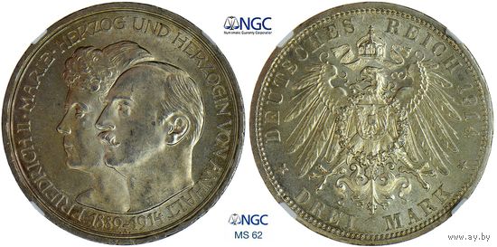 3 марки 1914 г. Ангальт. Германия. NGC MS 62. 25 лет свадьбе Фридриха II и Марии Баденской. Серебро. КМ# 30