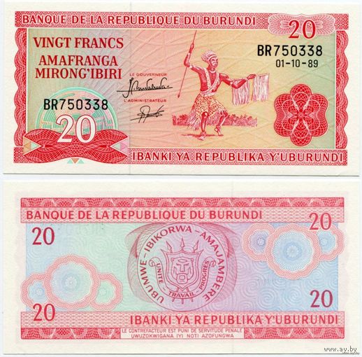 Бурунди. 20 франков (образца 1989 года, P27b, UNC)
