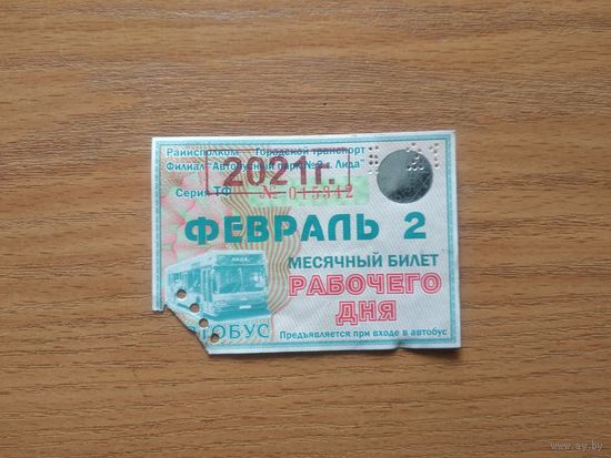 Проездной единый месячный билет рабочего дня. Автобус. Беларусь, Лида, февраль месяц 2021 года.