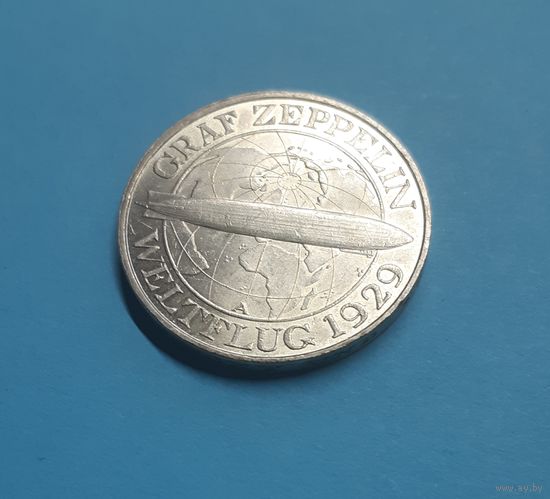 Германия. Веймар. 3 рейхсмарки. 1930 год. Граф Цеппелин. Дирижабль. Отличная, редкая! Серебро