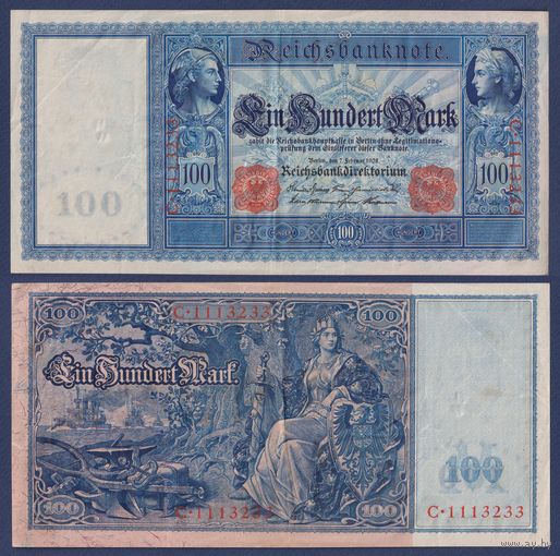 Германия, 100 марок 1908 г., P-35 (флотская сотня, красные печати, большой формат), XF