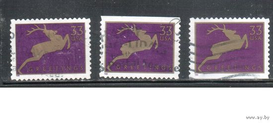 США-1999 (Мих.3218 ВА+BD) , гаш., Рождество, Олень, 3 зубцовки