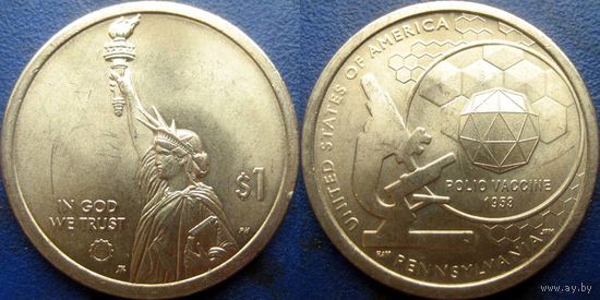 США. 1 доллар 2019. N3 Американские инновации. Вакцина против полиомиелита. Пенсильвания. Минтмарка  P.