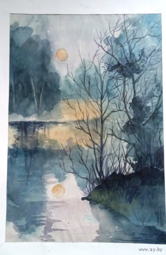 Картина река вечер весна лес акварель