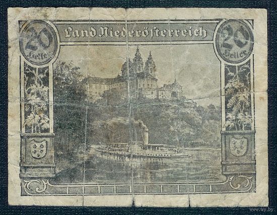 Австрия, Нотгельд 20 Heller 1920 год. (Теплоход/Замок)